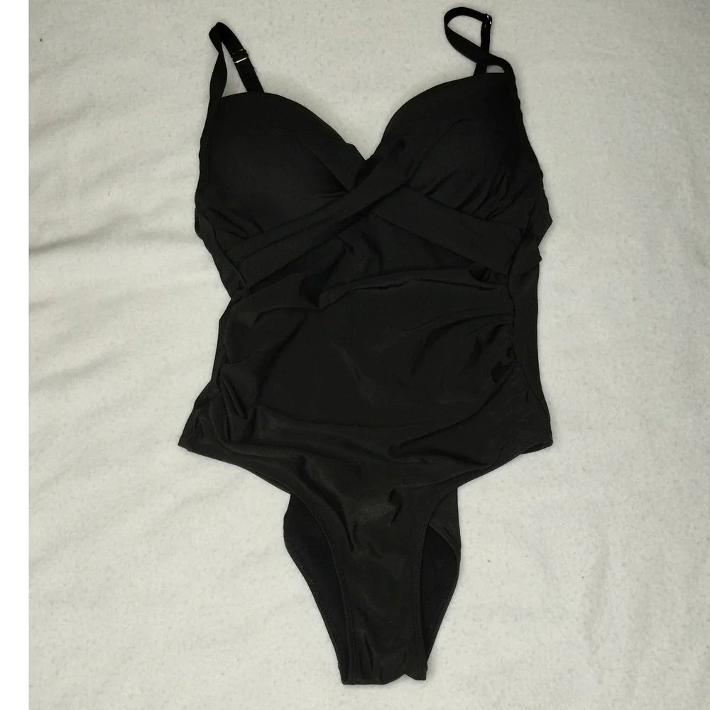 One Piece Swimsuit Ruched Tummy Control Criss Cross Front 1XL Black‎